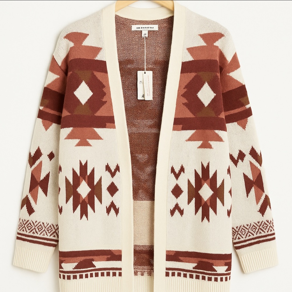 Lucky Brand Cream and Brown Geometric Cardigan